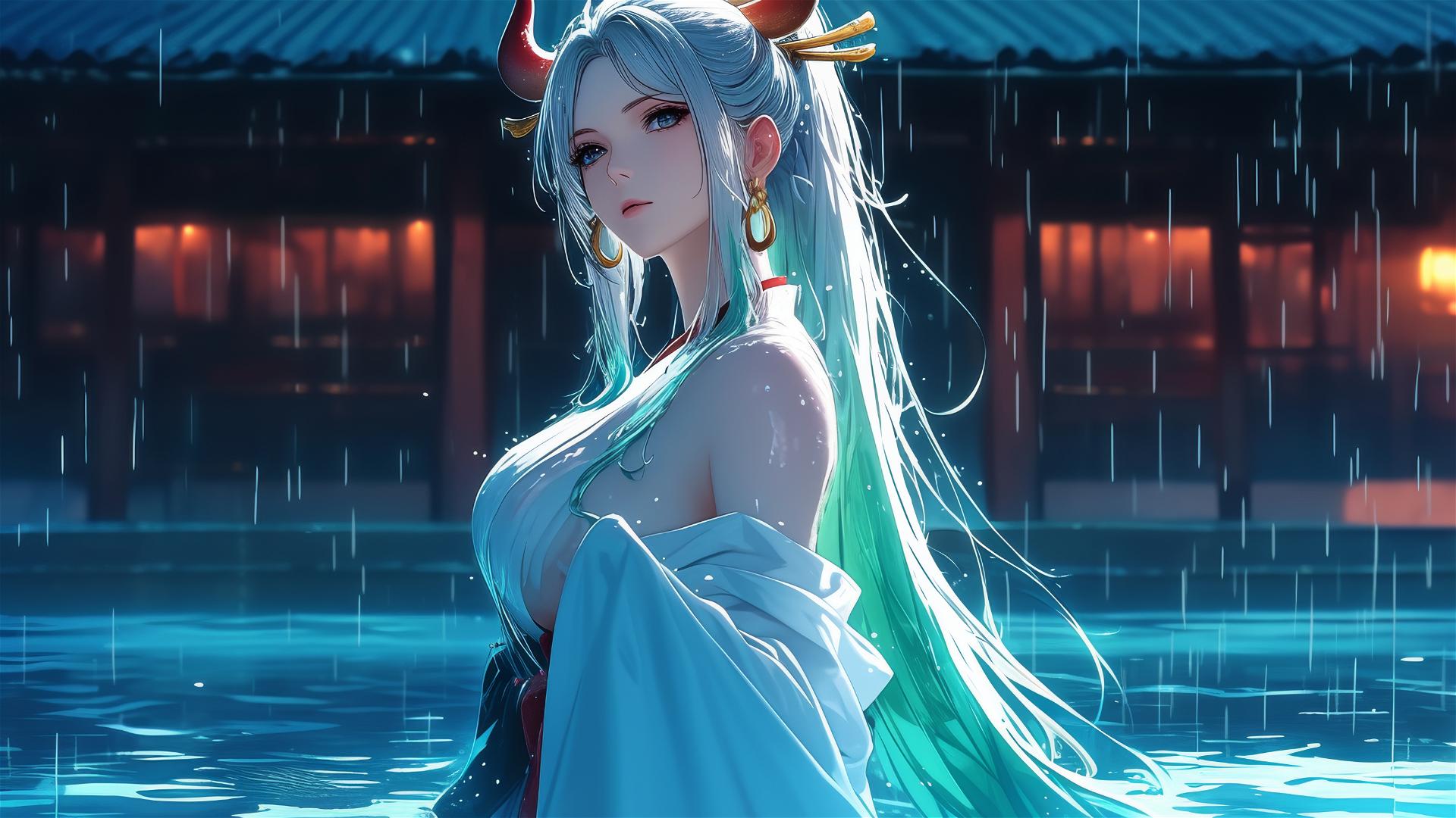 Yamato from One Piece in a rainy pool by moonlight, wearing white