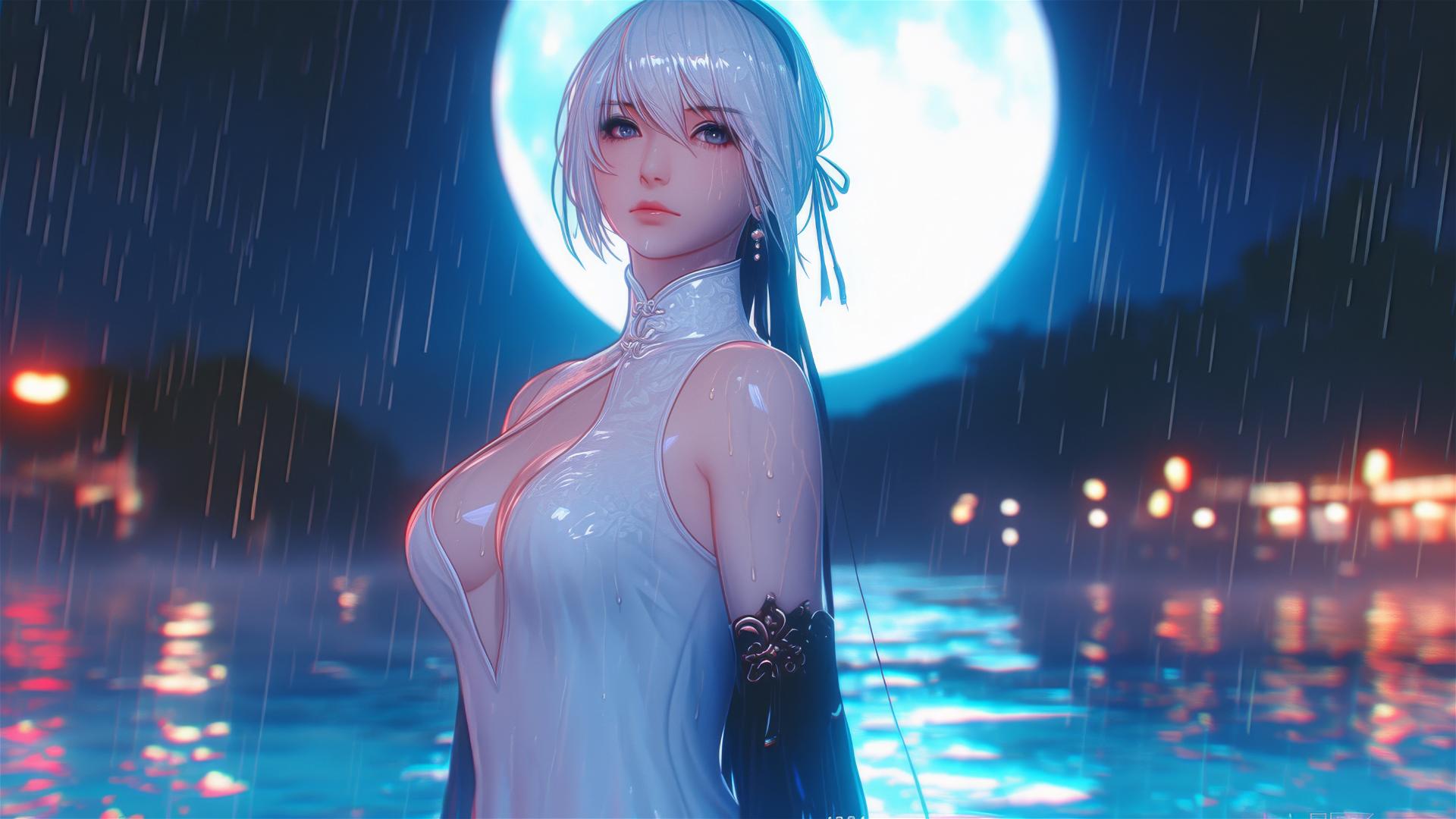 2B character in a rainy pool with a moonlit glow, dressed in white