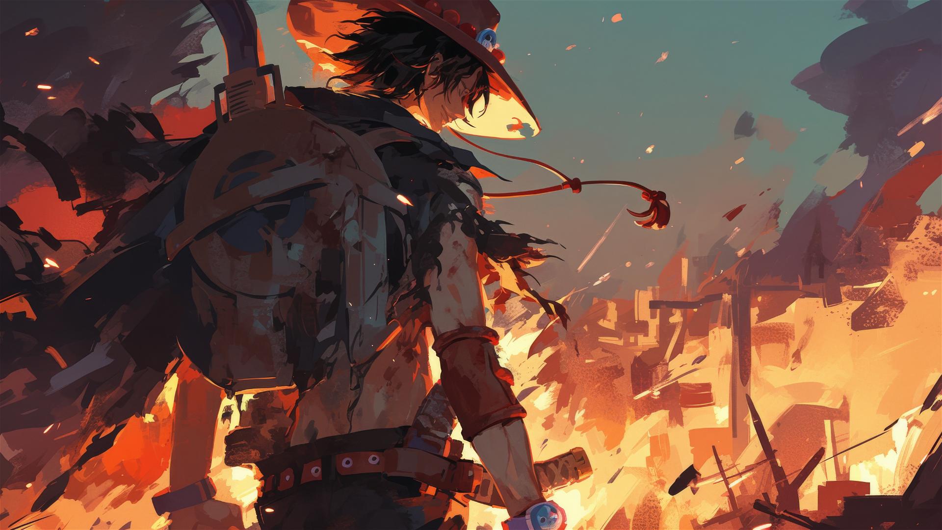 Ace from One Piece in burnt village ruins with a solemn expression