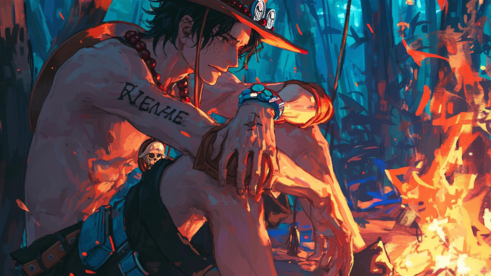 Ace from One Piece by campfire looking contemplative