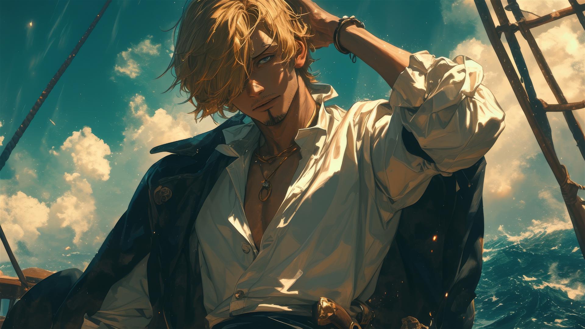 Sanji from One Piece at ship's bow with wind in hair facing a storm