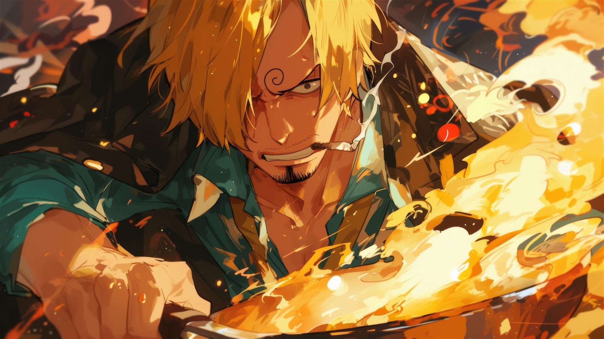 Sanji from One Piece cooking with flames in the kitchen