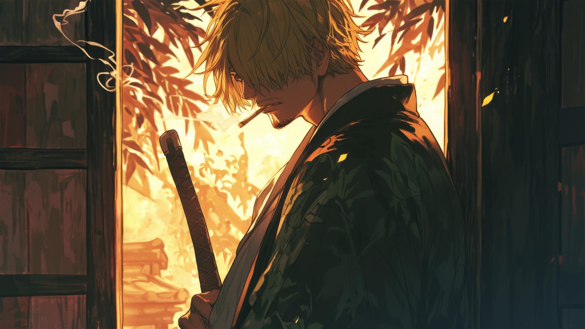 Sanji from One Piece in a doorway with light behind, looking back while smoking.