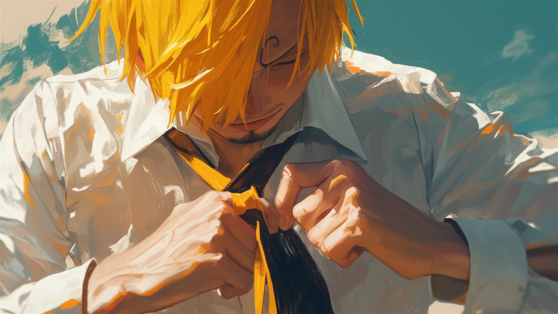 Sanji from One Piece in a close-up tying his tie with a dramatic expression
