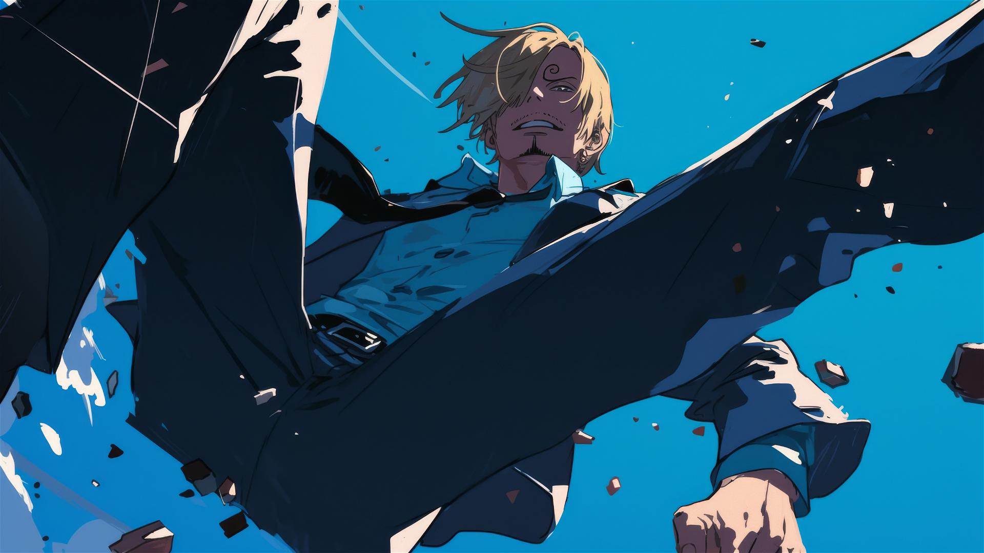 Sanji from One Piece performing high kick with dramatic lighting from below