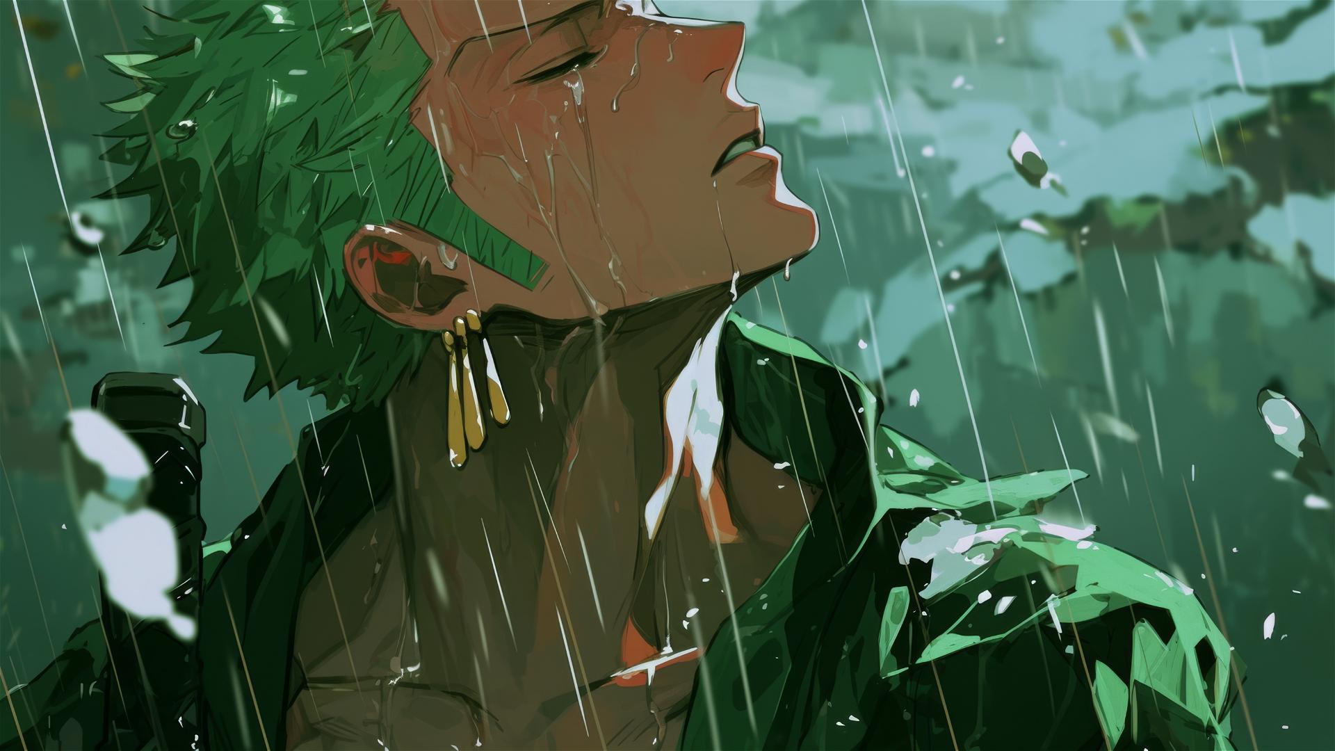 Roronoa Zoro from One Piece looking up at the sky in the rain
