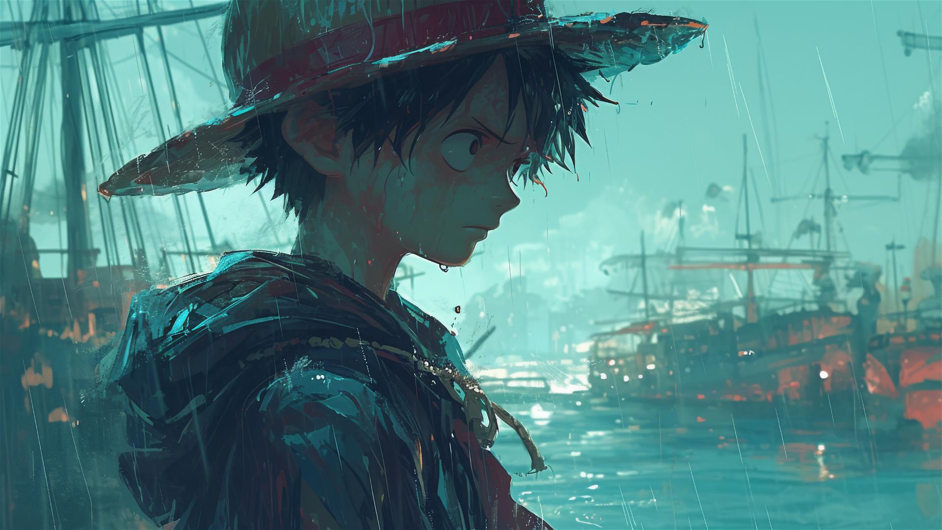 Luffy with rain-soaked hat overlooking foggy harbor
