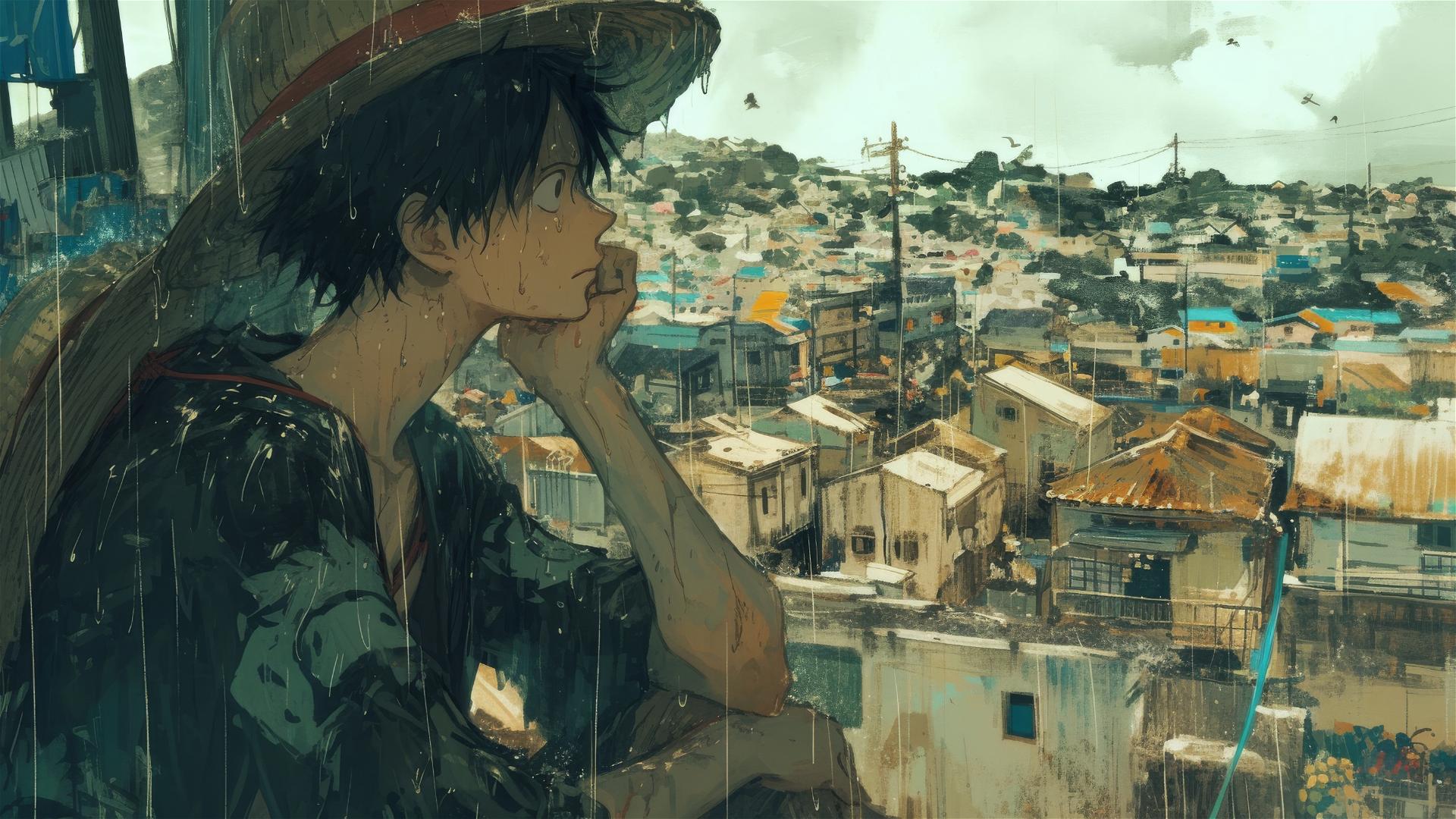 Luffy's face with rain-soaked hat looking over foggy harbor
