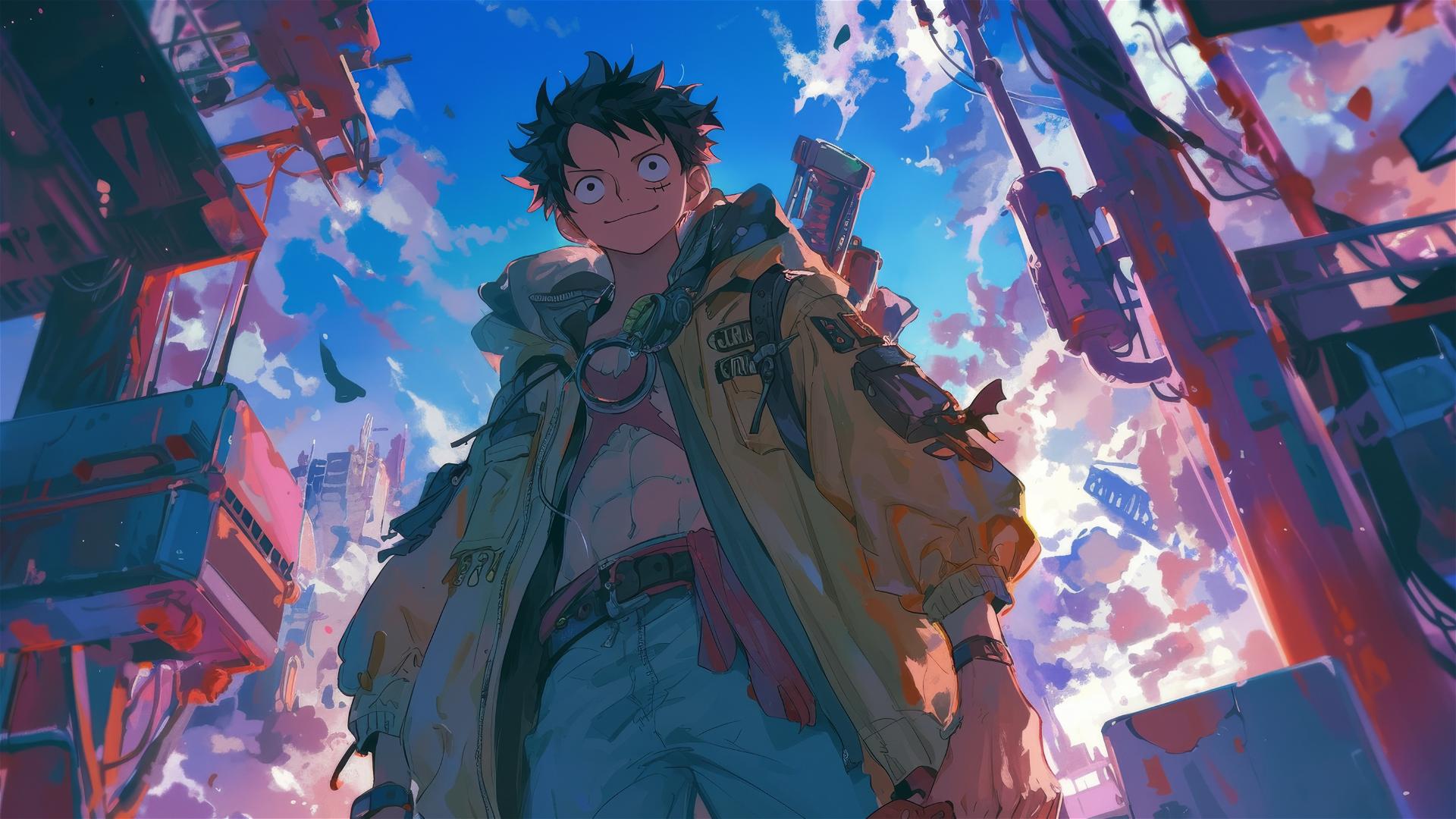 Luffy in neon cyberpunk jacket, futuristic Tokyo background