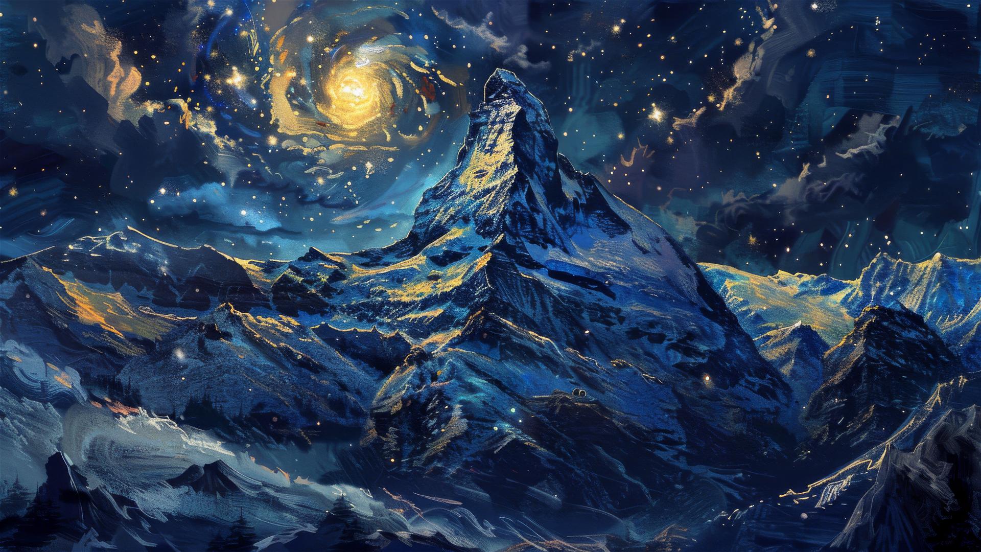 Realistic Mount Everest at night with van Gogh's Starry Night sky