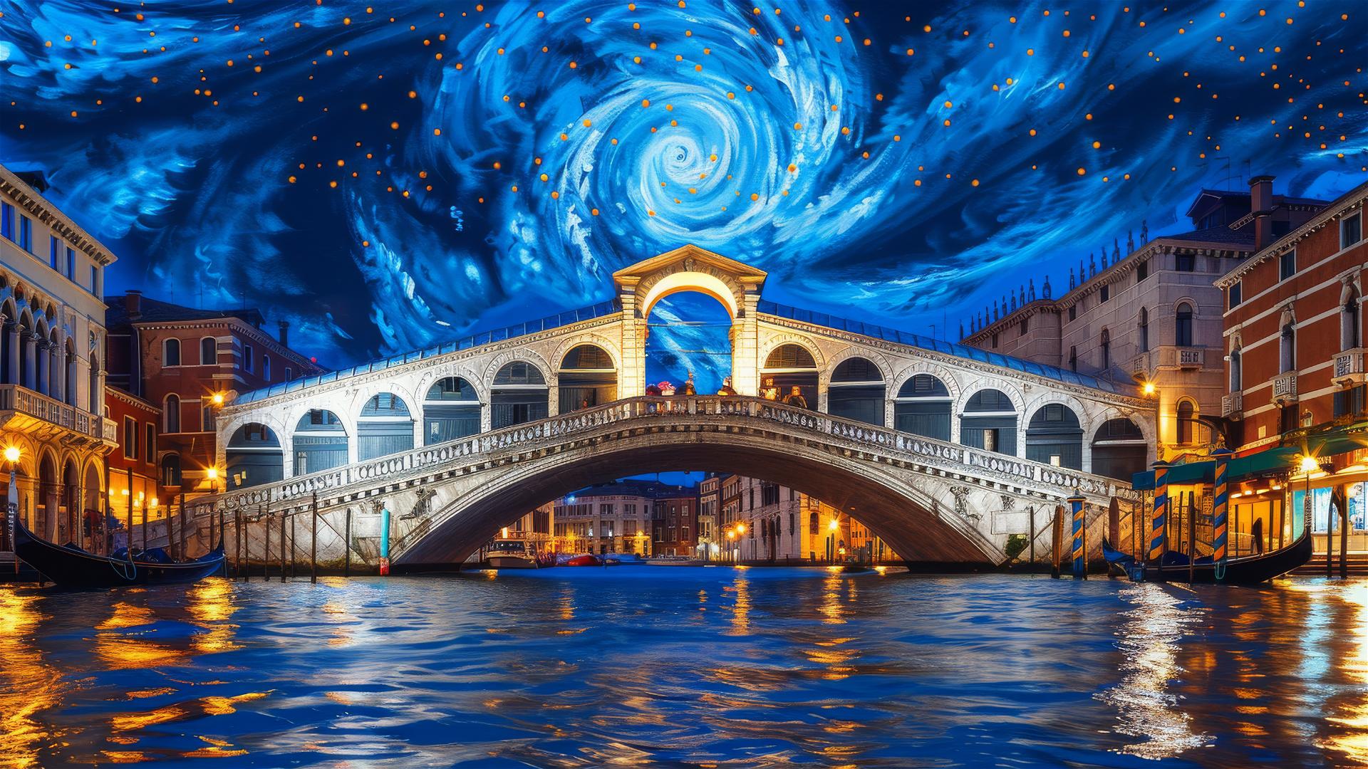 Rialto Bridge in Venice at night under van Gogh-inspired starry sky