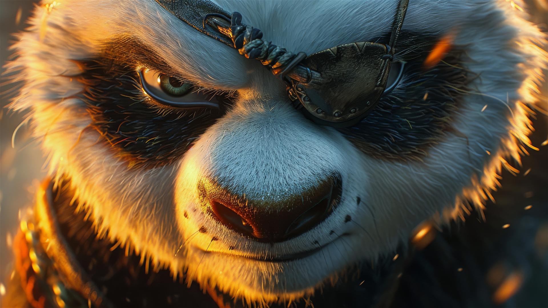 Pixar-style panda with eyepatch and smirking expression