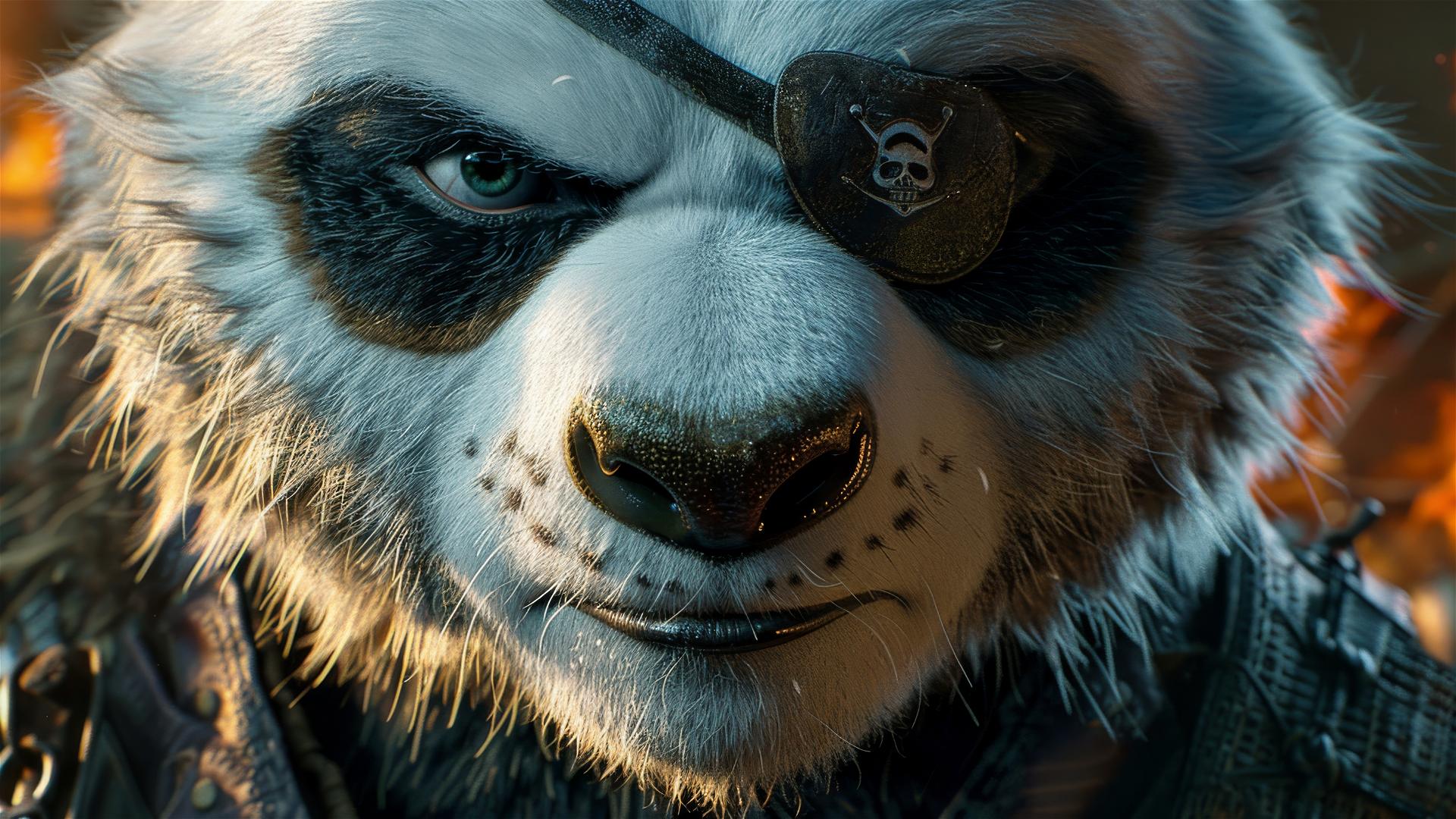 Pixar-style panda with eyepatch and smirking mouth
