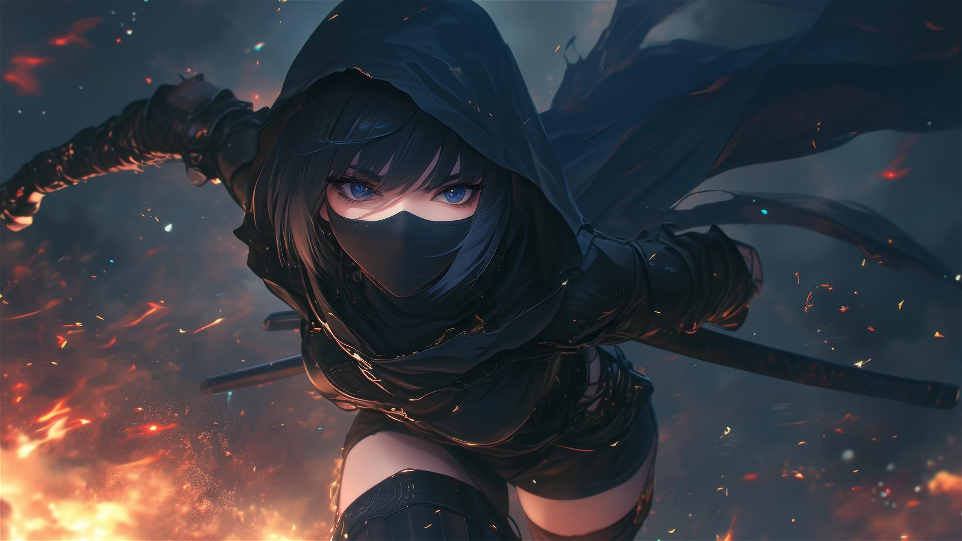 Ninja girl with short hair in dynamic pose, mask and thigh focus