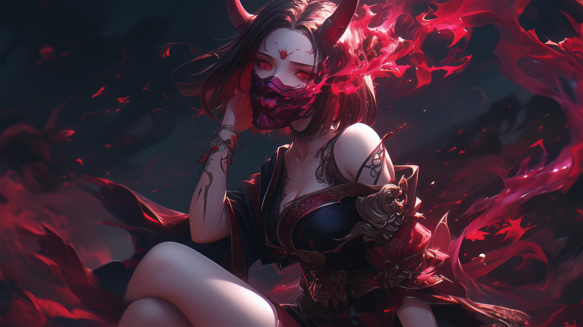 Demon girl with short hair and a dark mask in a dynamic thigh-focused pose