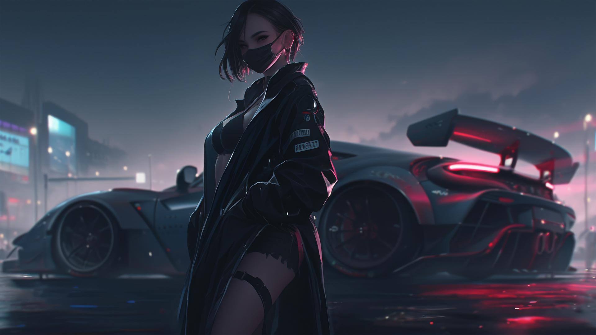 Motorsport racer girl with mask and spotlight on thigh