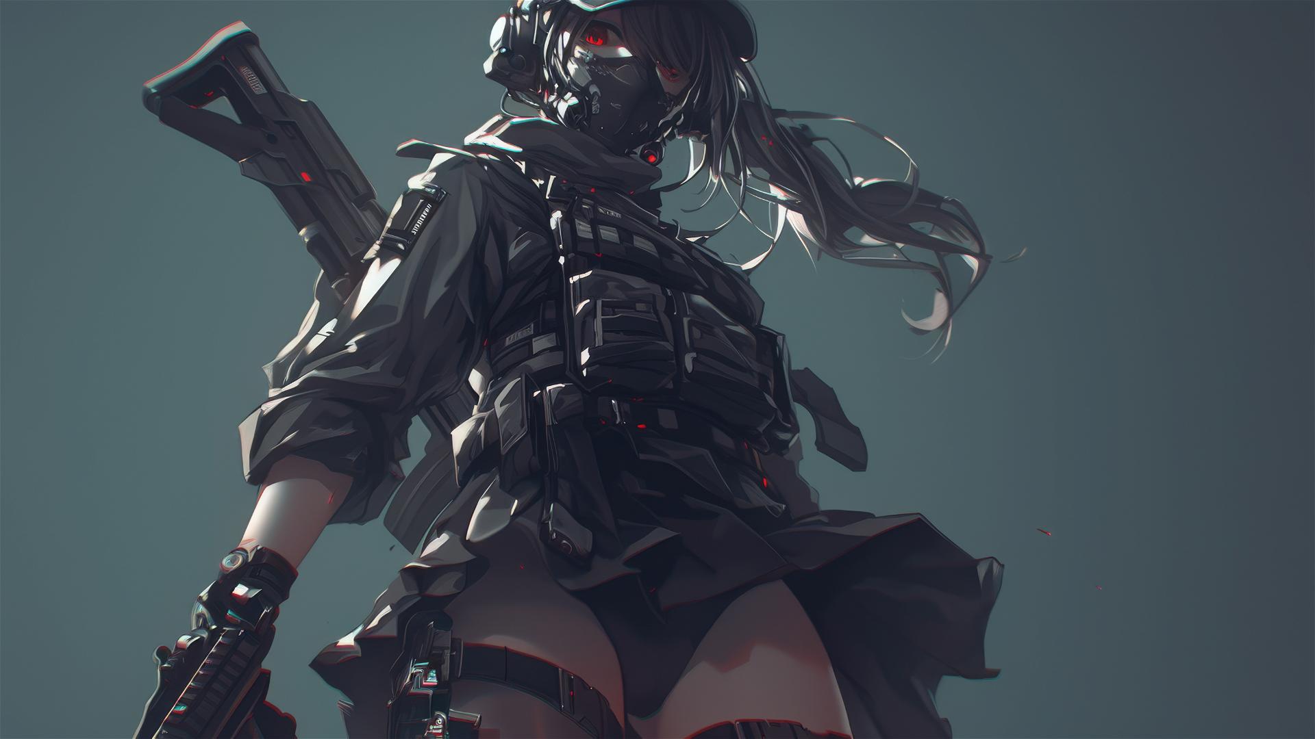 Tactical schoolgirl with a focus on thighs and a dark mask in dynamic pose