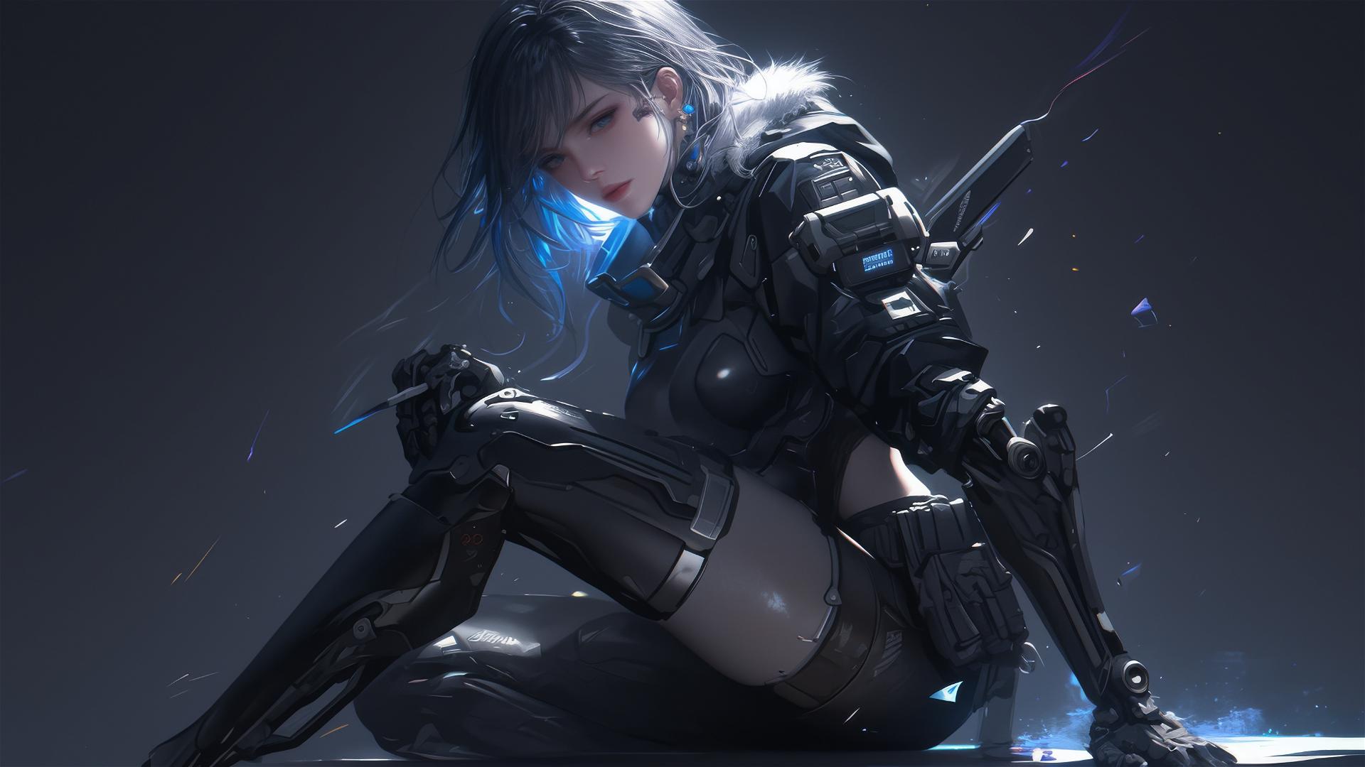 Cybernetic Agent Girl in dynamic pose with thigh focus on dark background