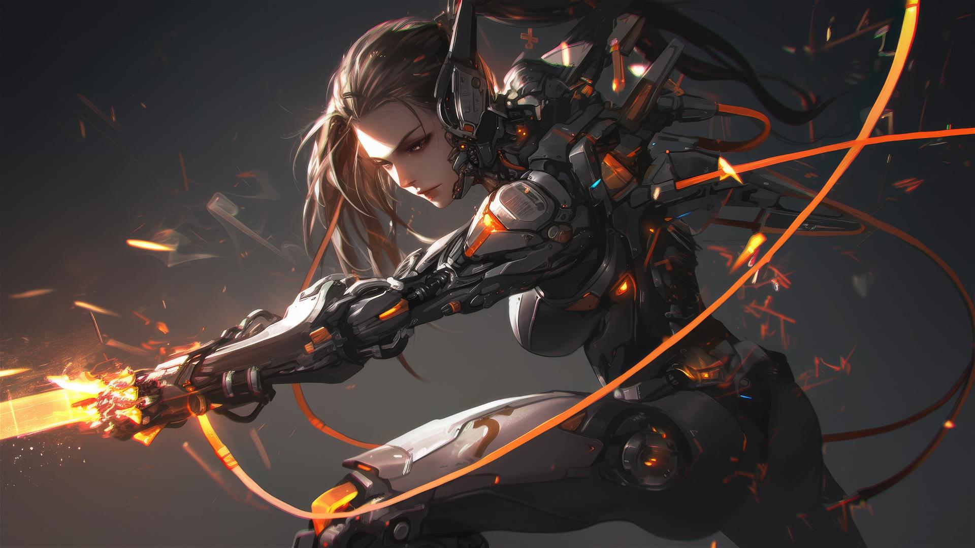 Cybernetic Agent Girl in dynamic pose on dark background with thigh focus and spotlight