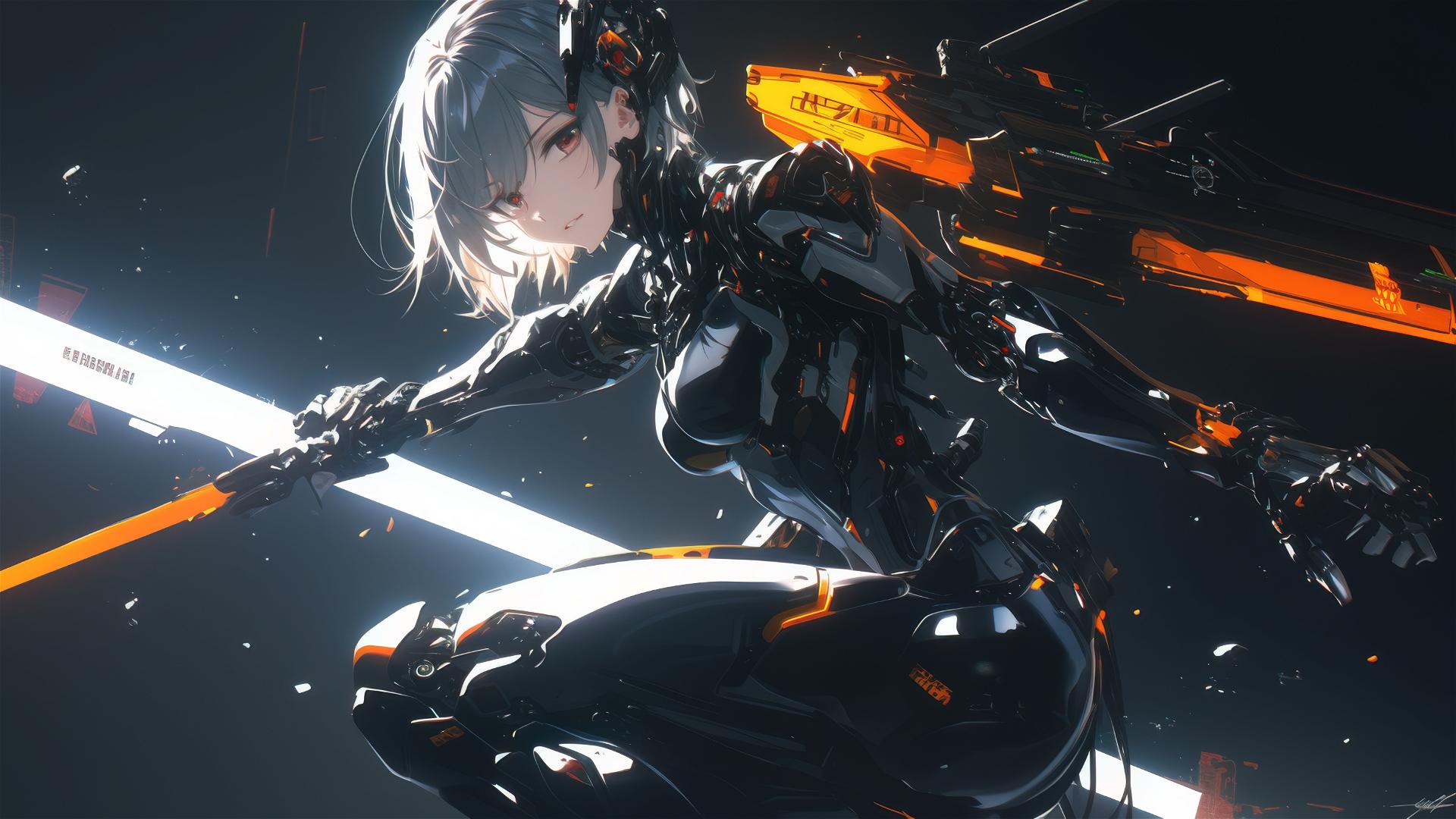 Cybernetic Agent Girl in dynamic pose on dark background
