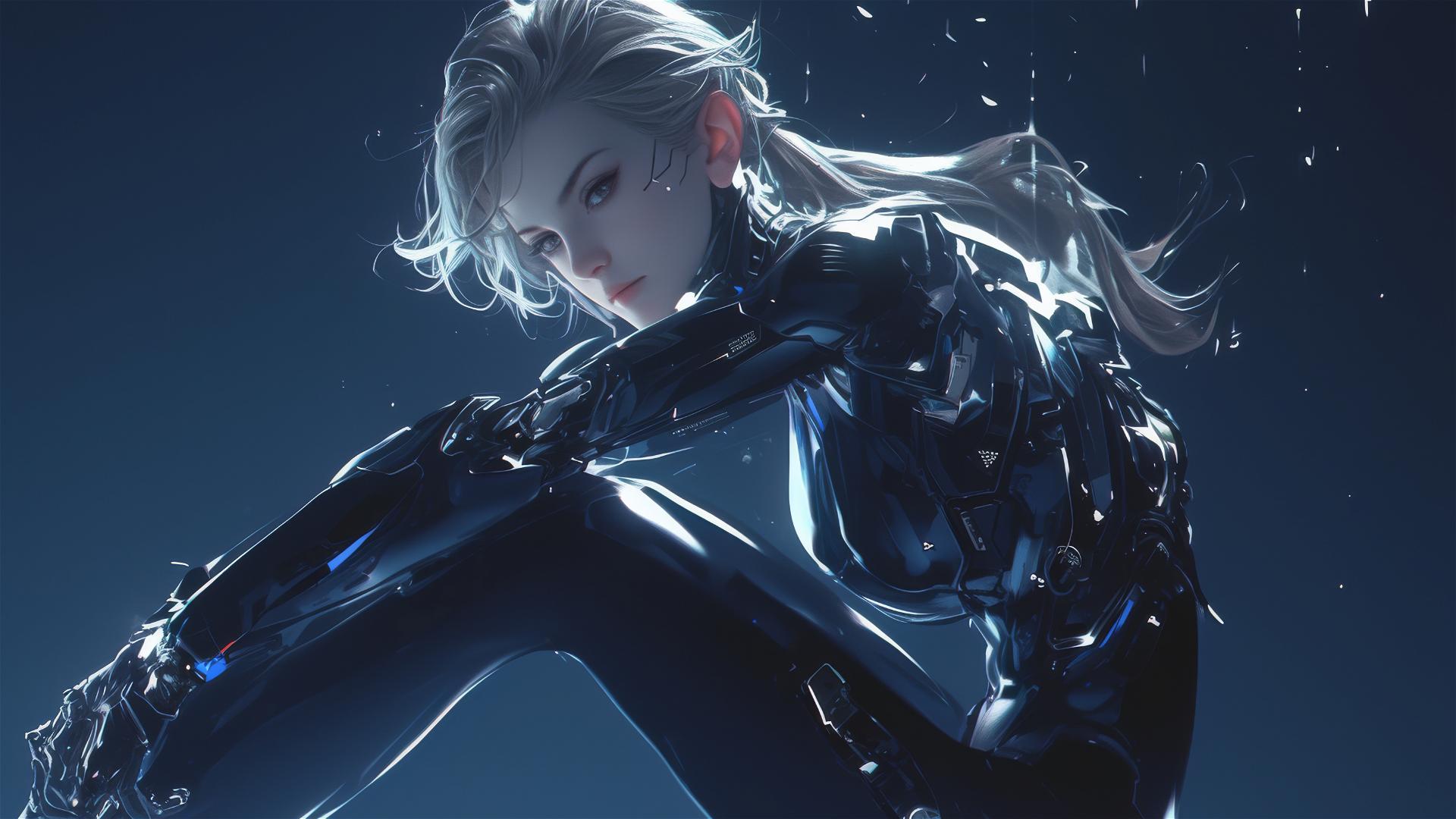 Cybernetic Agent Girl in dynamic pose with thigh focus on dark background