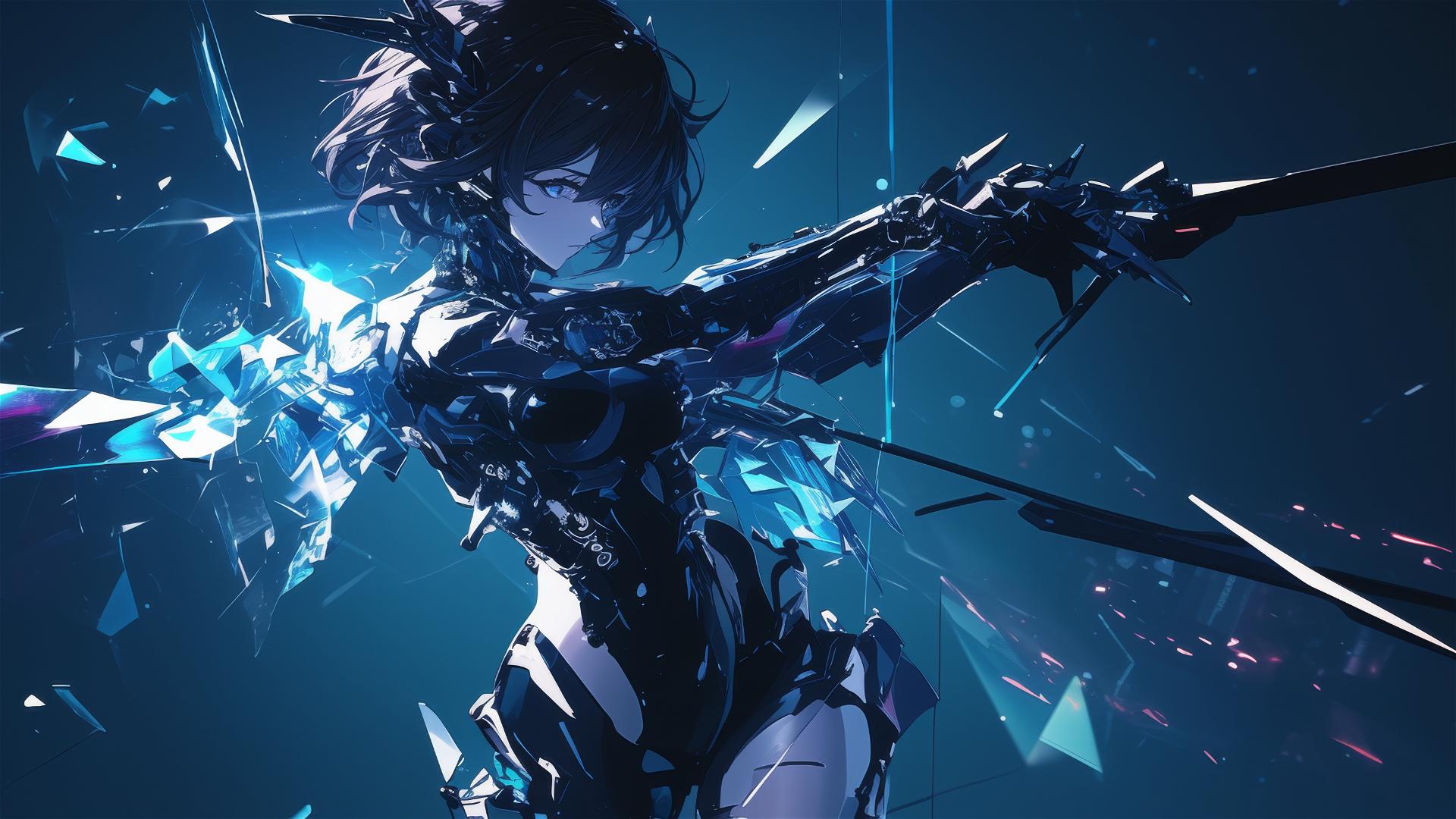 Cybernetic Agent Girl in dynamic pose on dark background with spotlight