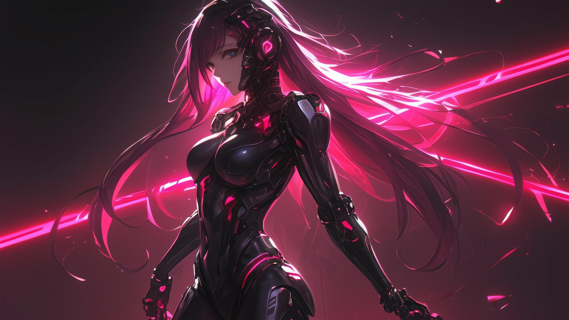 Cybernetic Agent Girl in dynamic pose with thigh focus on dark background