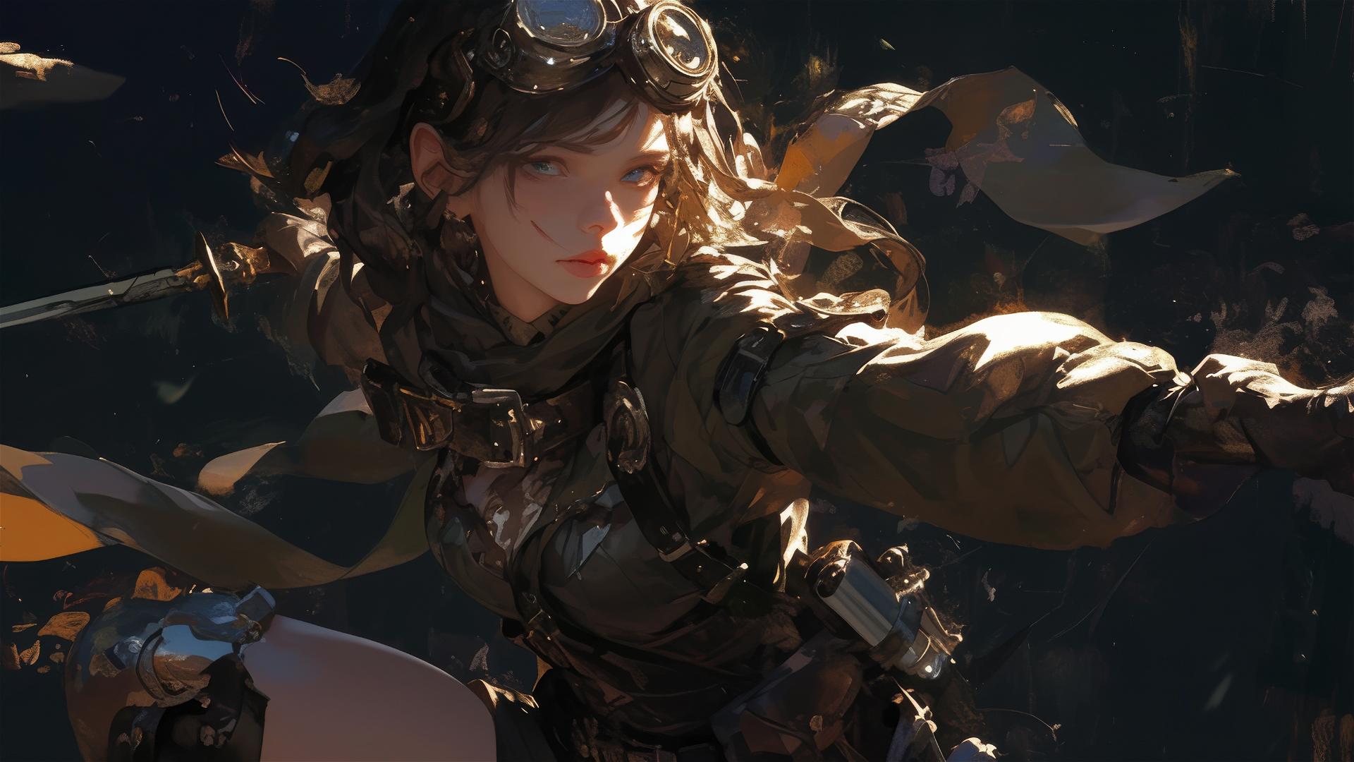 Steampunk Adventurer Girl in dynamic pose on dark background with thigh focus under spotlight