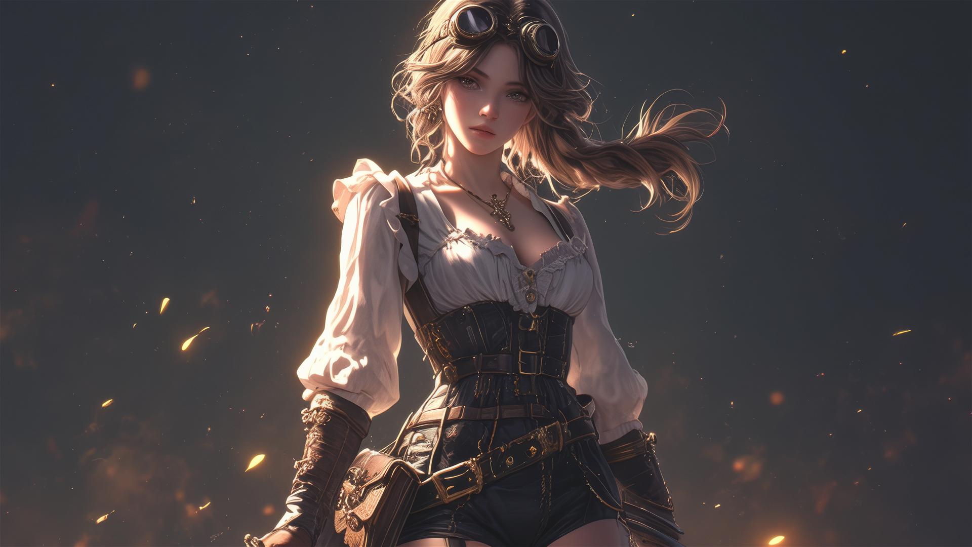 Steampunk adventurer girl in dynamic pose with thigh focus on dark background