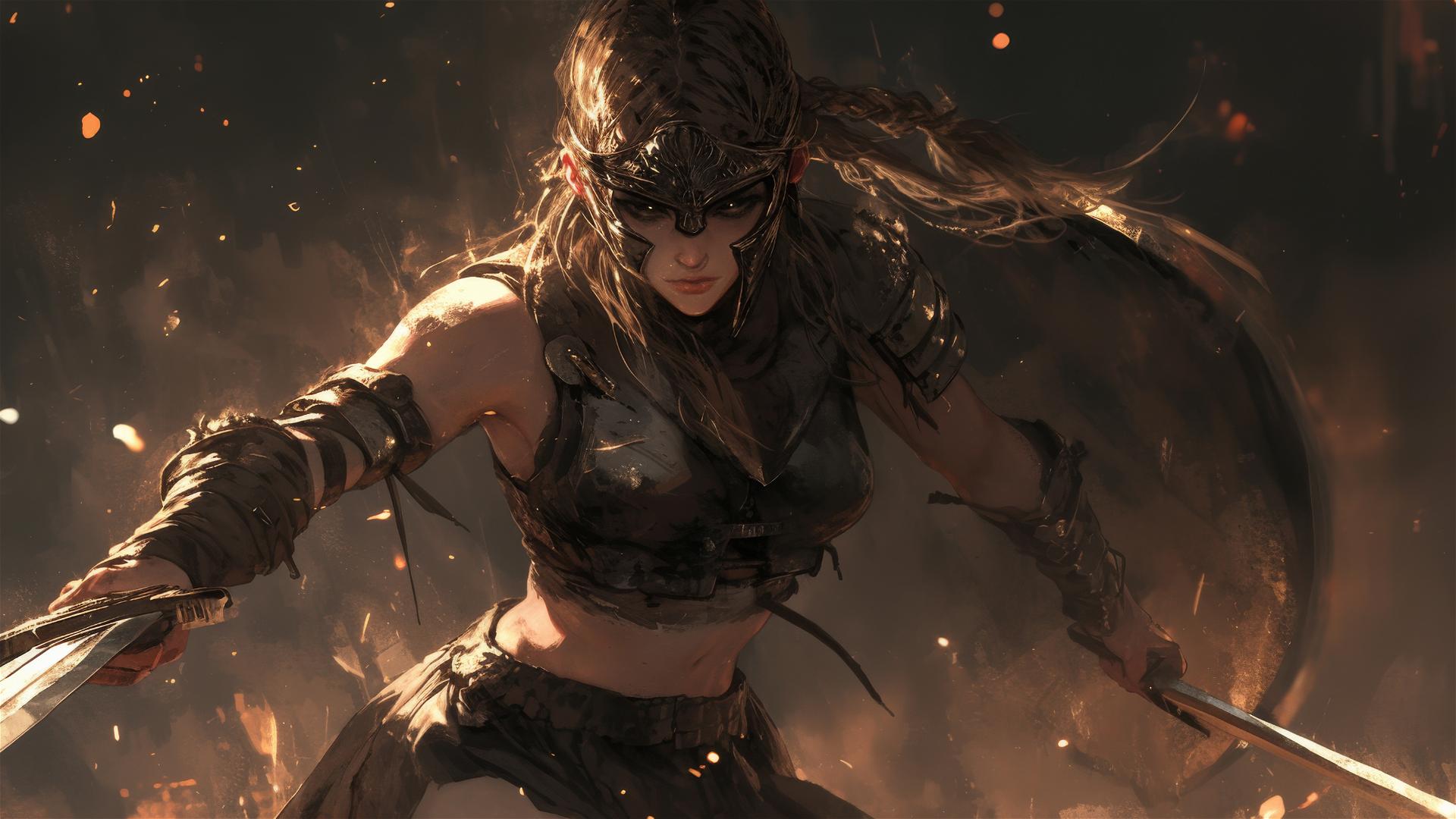 Gladiator warrior girl in dynamic pose with thigh focus on dark background