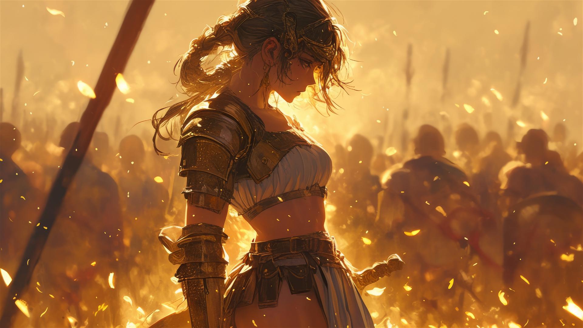 Gladiator Warrior Girl with thigh focus on dark background with spotlight