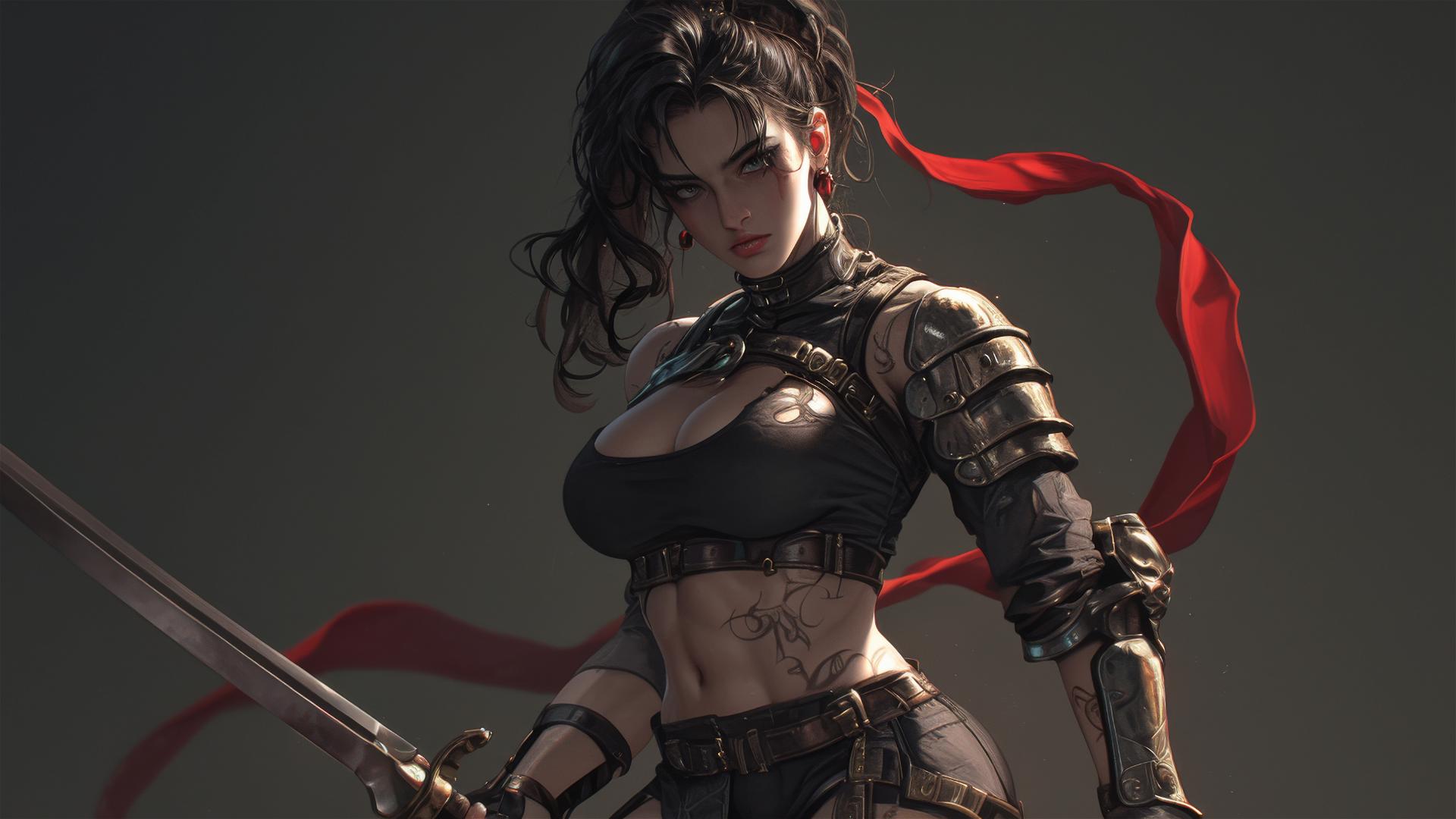 Gladiator warrior girl with thigh focus on a dark background highlighted by spotlight