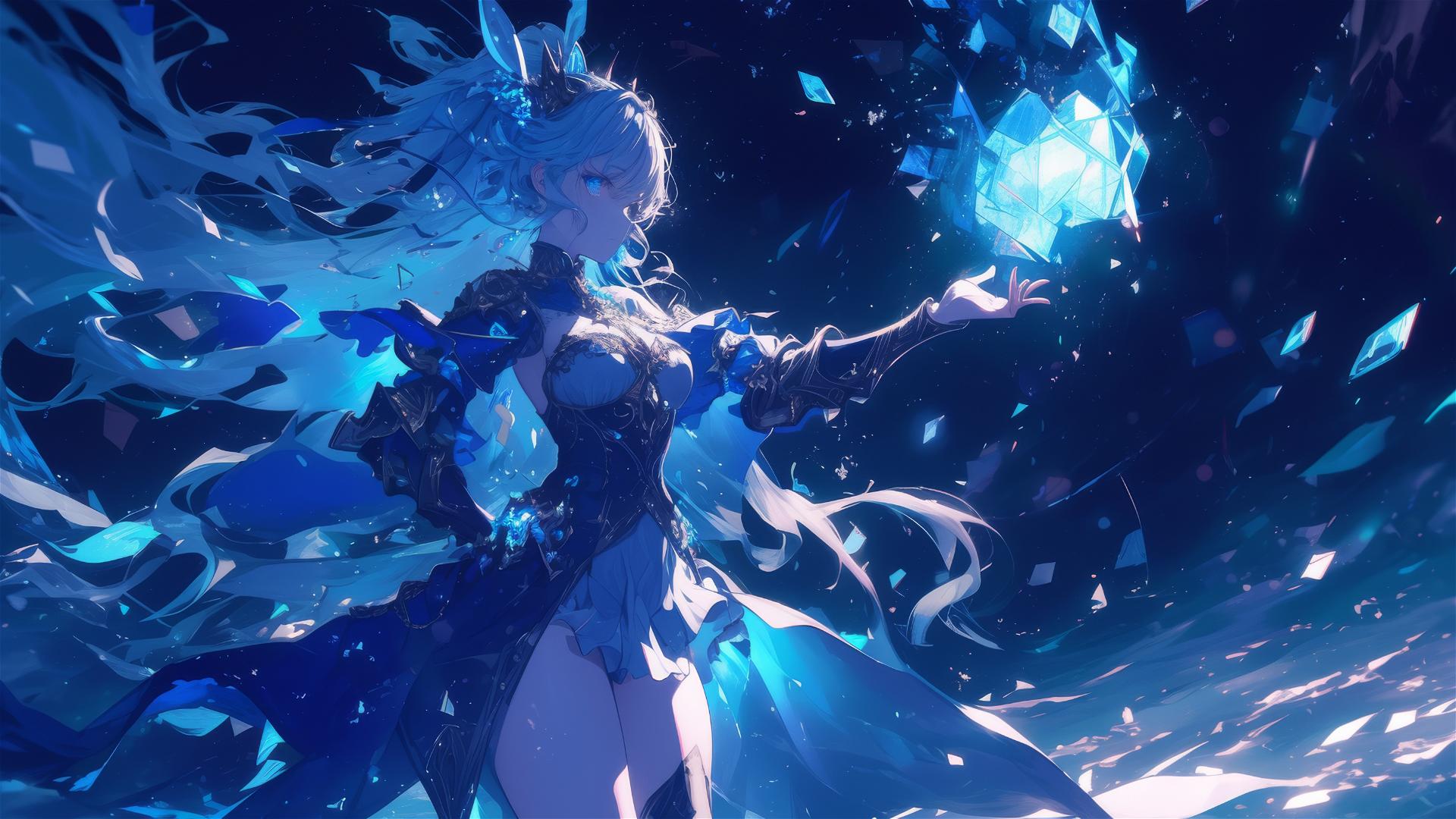 Fantasy Ice Mage Girl in dynamic pose with highlighted thigh on dark background