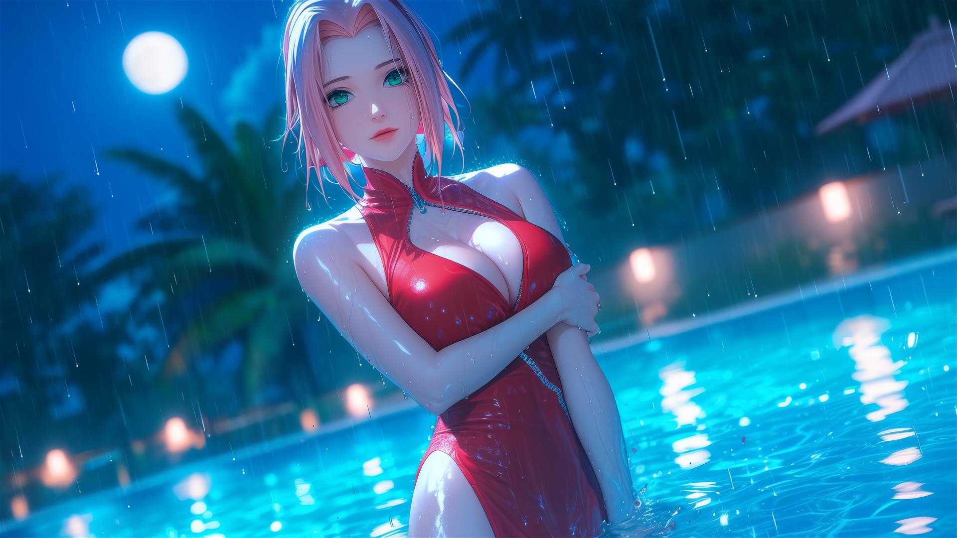 Haruno Sakura from Naruto standing in a rainy pool with moonlight glow.