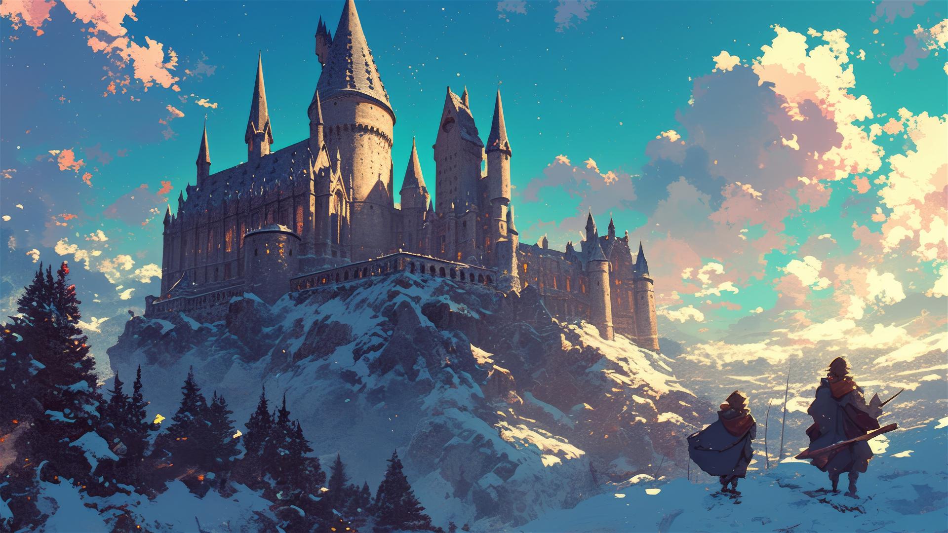 Ghibli-style illustration of Hogwarts at deep night with stars