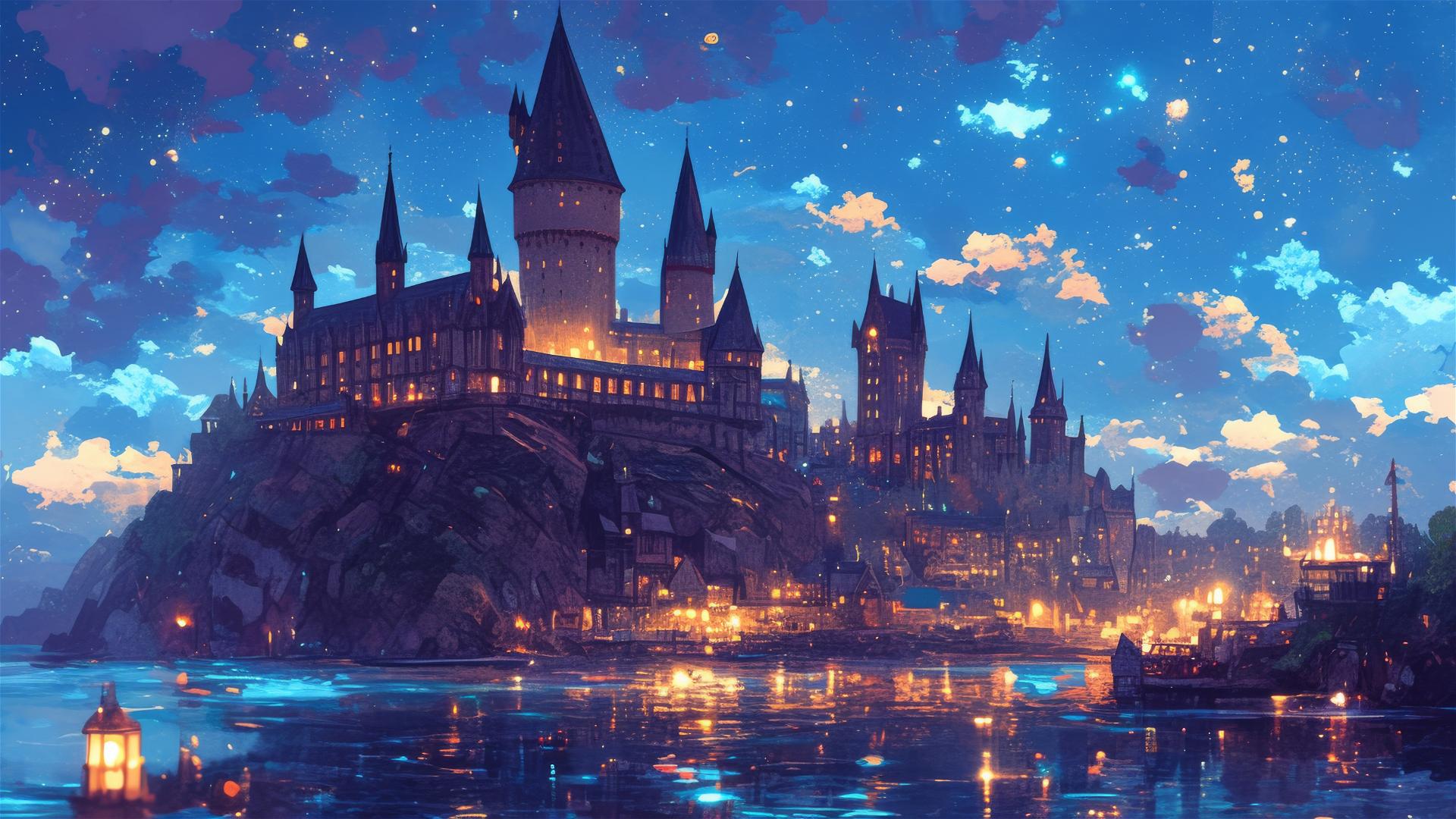 Ghibli-style illustration of Hogwarts at night with stars