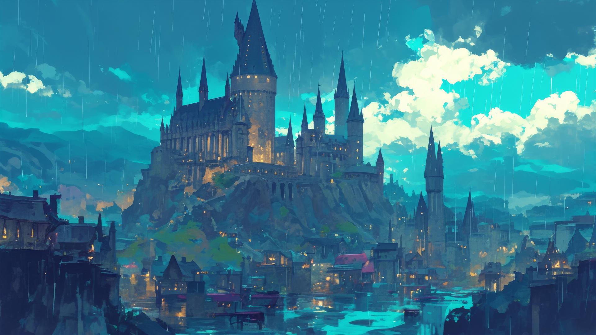 Ghibli-inspired Hogwarts in Rain