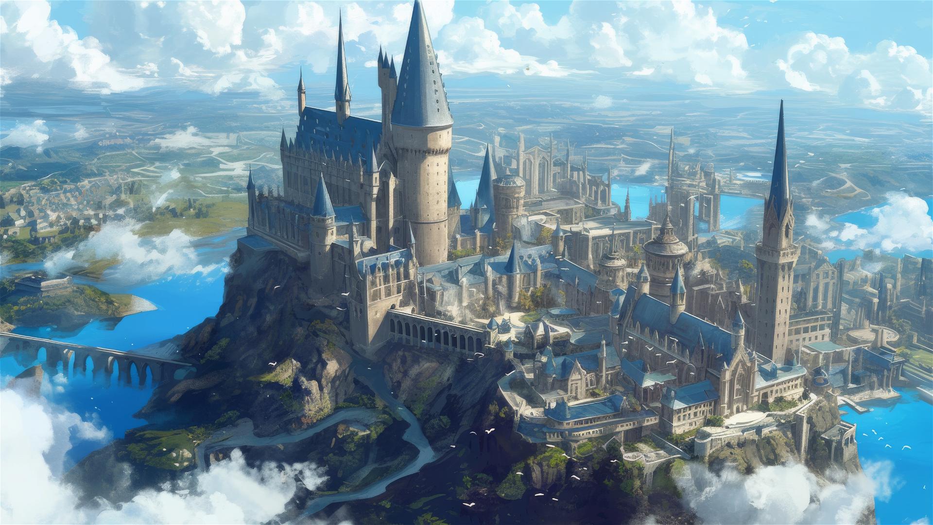 Aerial view of Hogwarts from Harry Potter