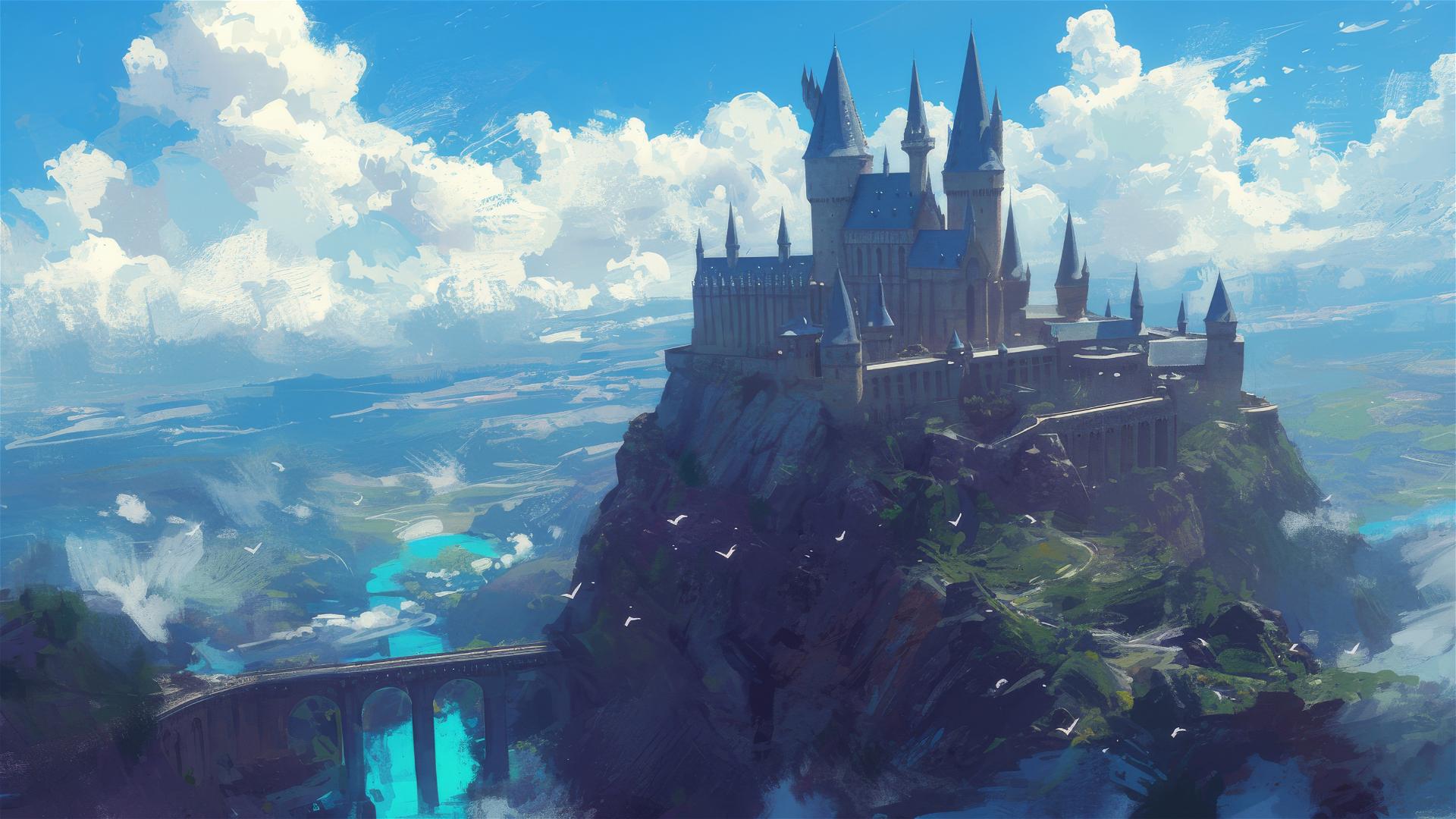Aerial illustration of Hogwarts from Harry Potter