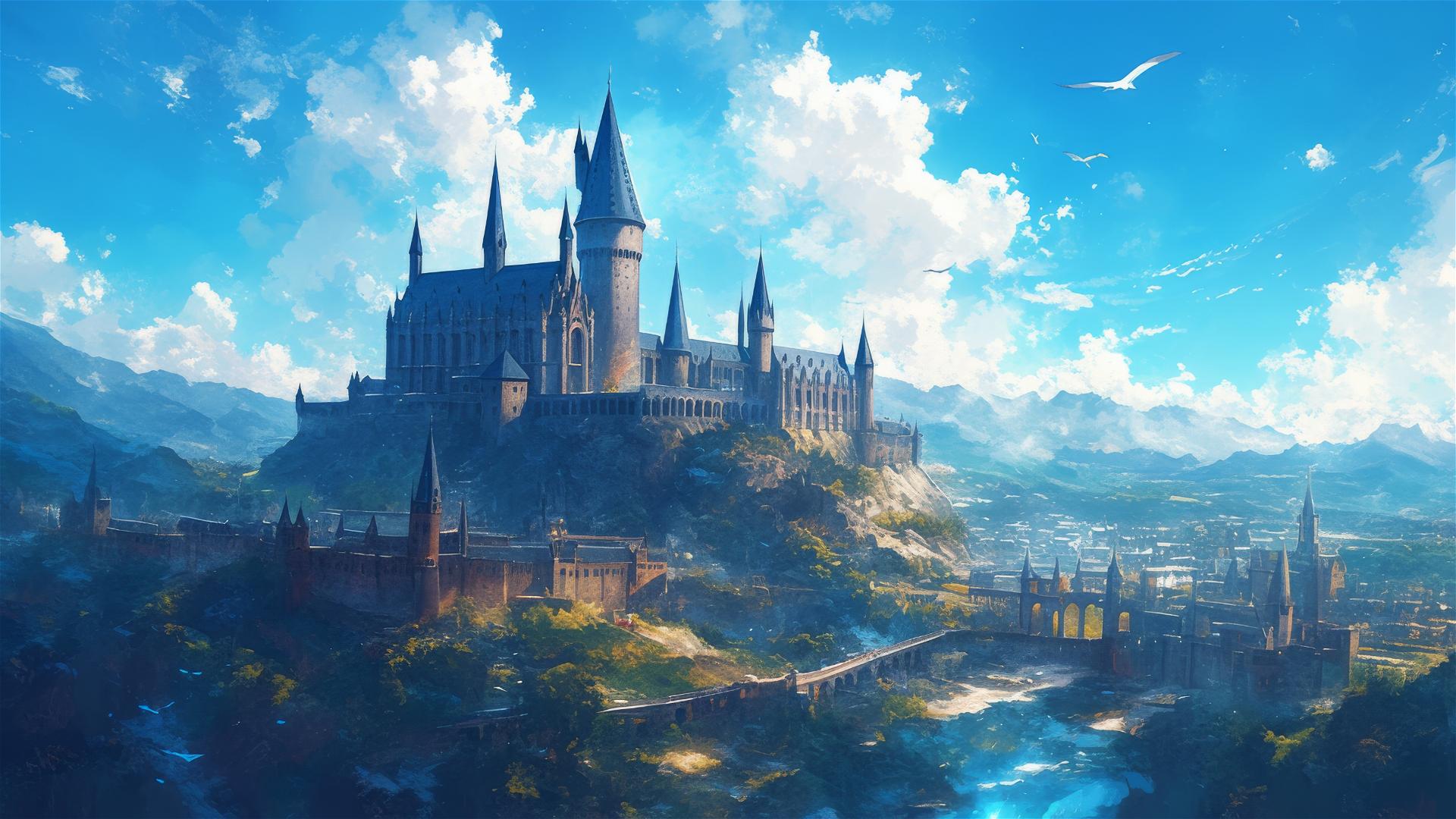 Aerial illustration of Hogwarts School from Harry Potter