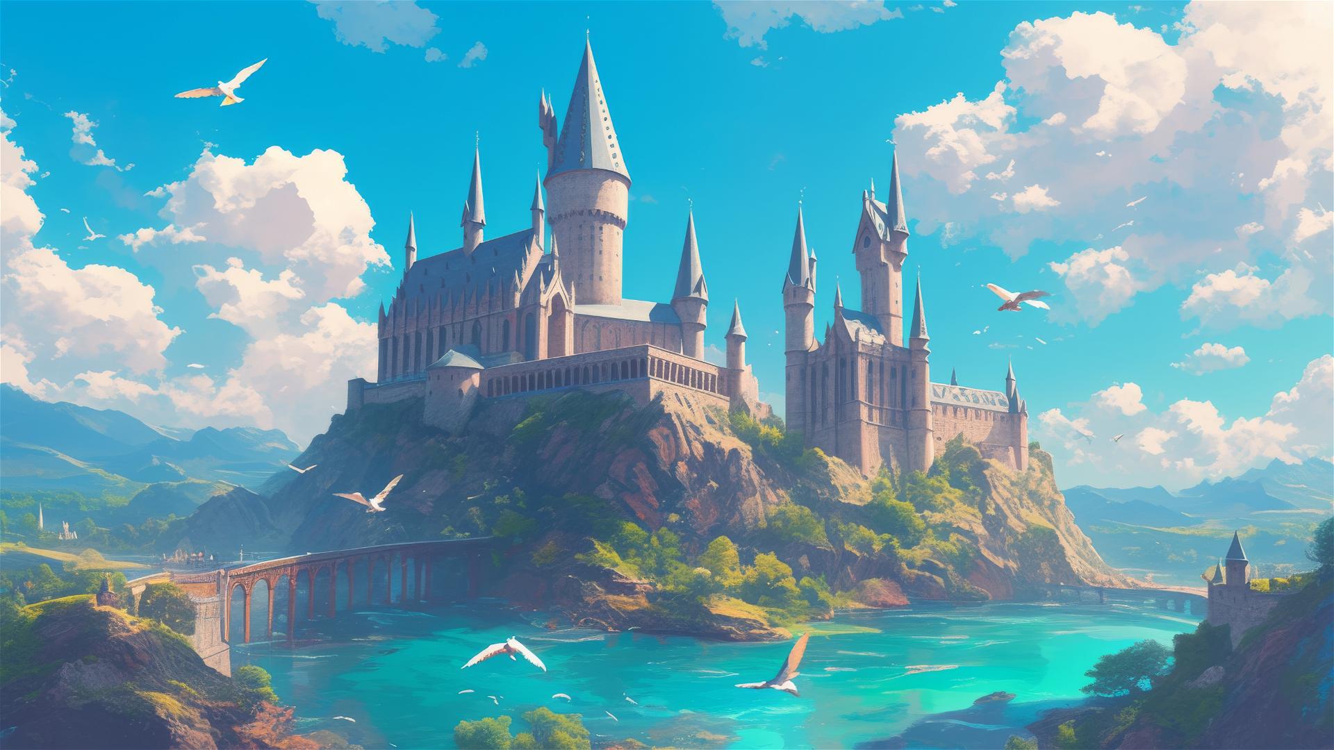 Artistic aerial view illustration of Hogwarts School from Harry Potter
