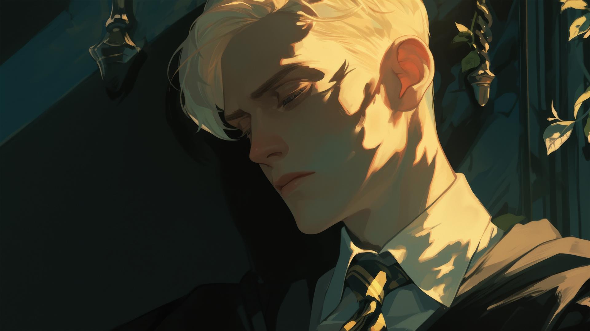 Artistic illustration of Draco Malfoy with golden hair in a spotlight on a dark background