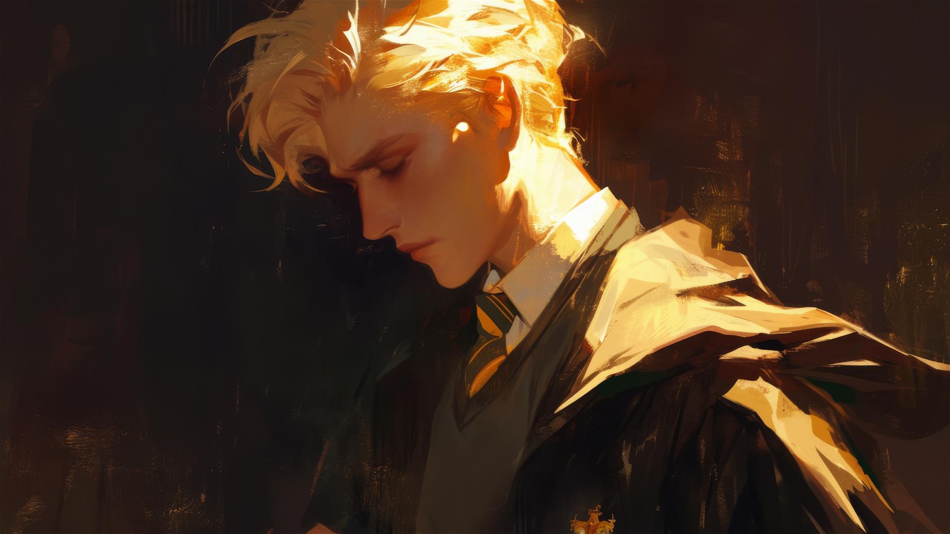 Artistic illustration of Draco Malfoy with golden hair on dark background with spotlight