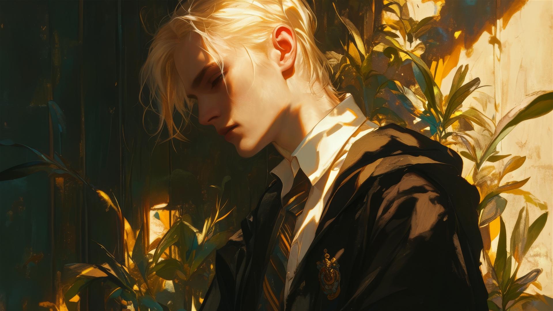 Artistic illustration of Draco Malfoy with golden hair on dark background