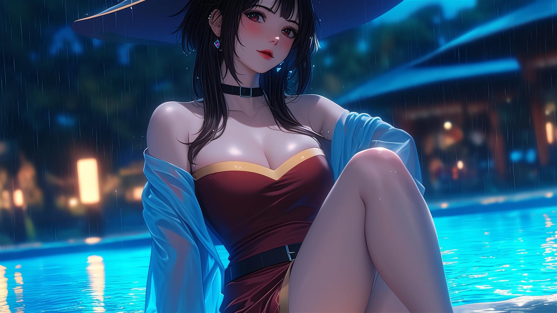 Megumin from KonoSuba by pool, moonlight glow, rainy atmosphere