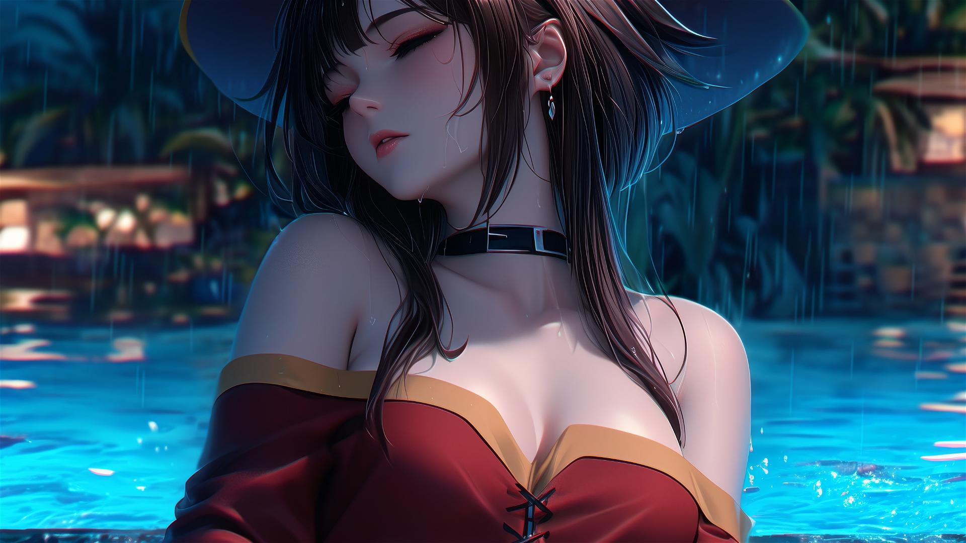 Megumin from KonoSuba resting by the pool under moonlight in the rain