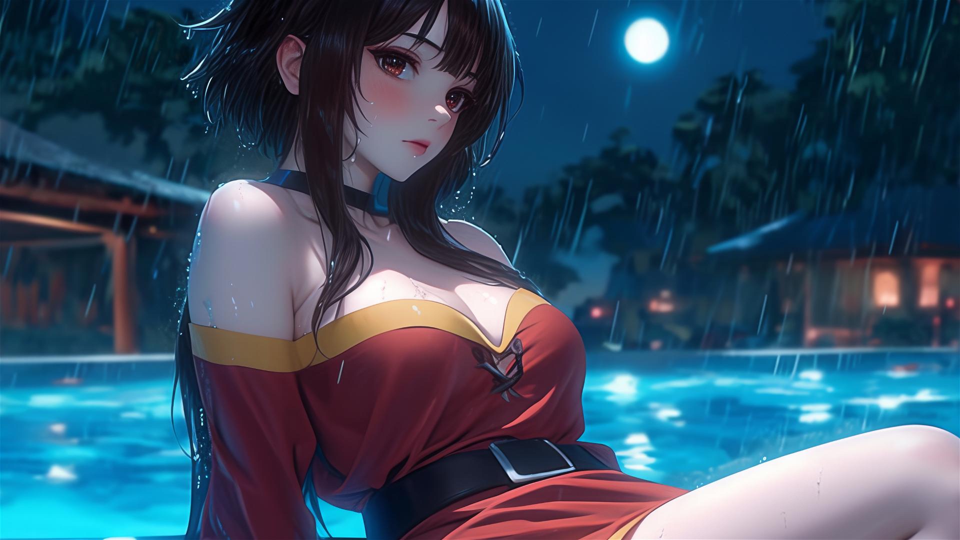 Megumin from KonoSuba resting by pool under moonlight in rain