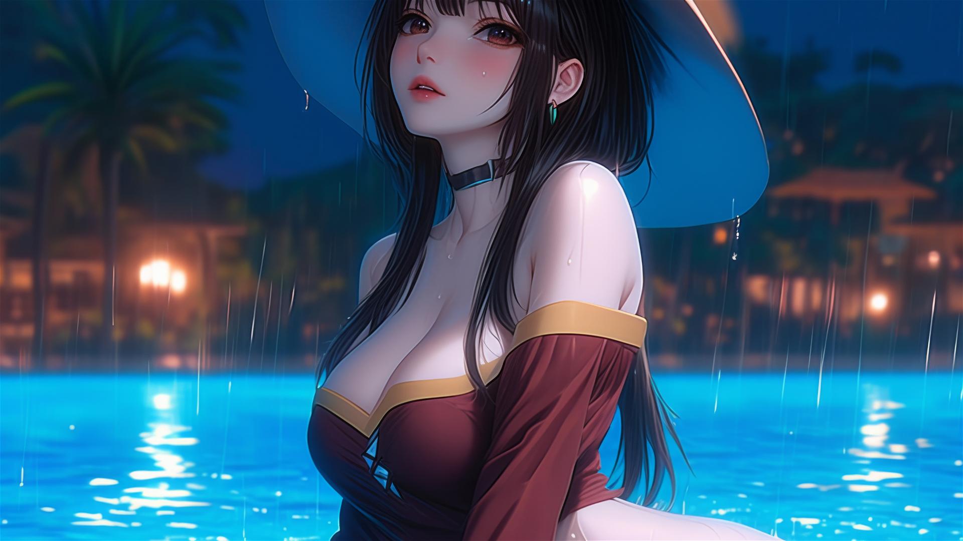 Megumin from KonoSuba resting by pool under moonlight in the rain