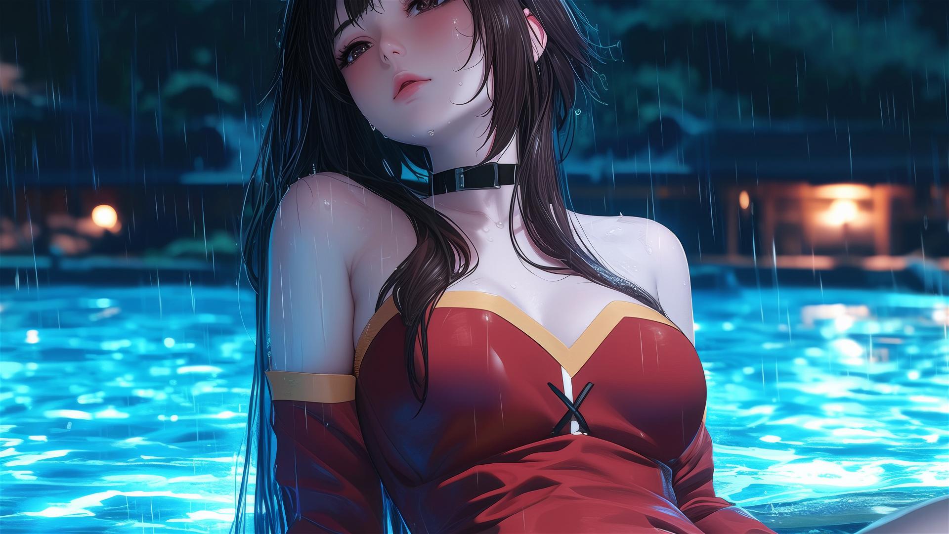 Megumin from KonoSuba resting by pool under moonlight in rain