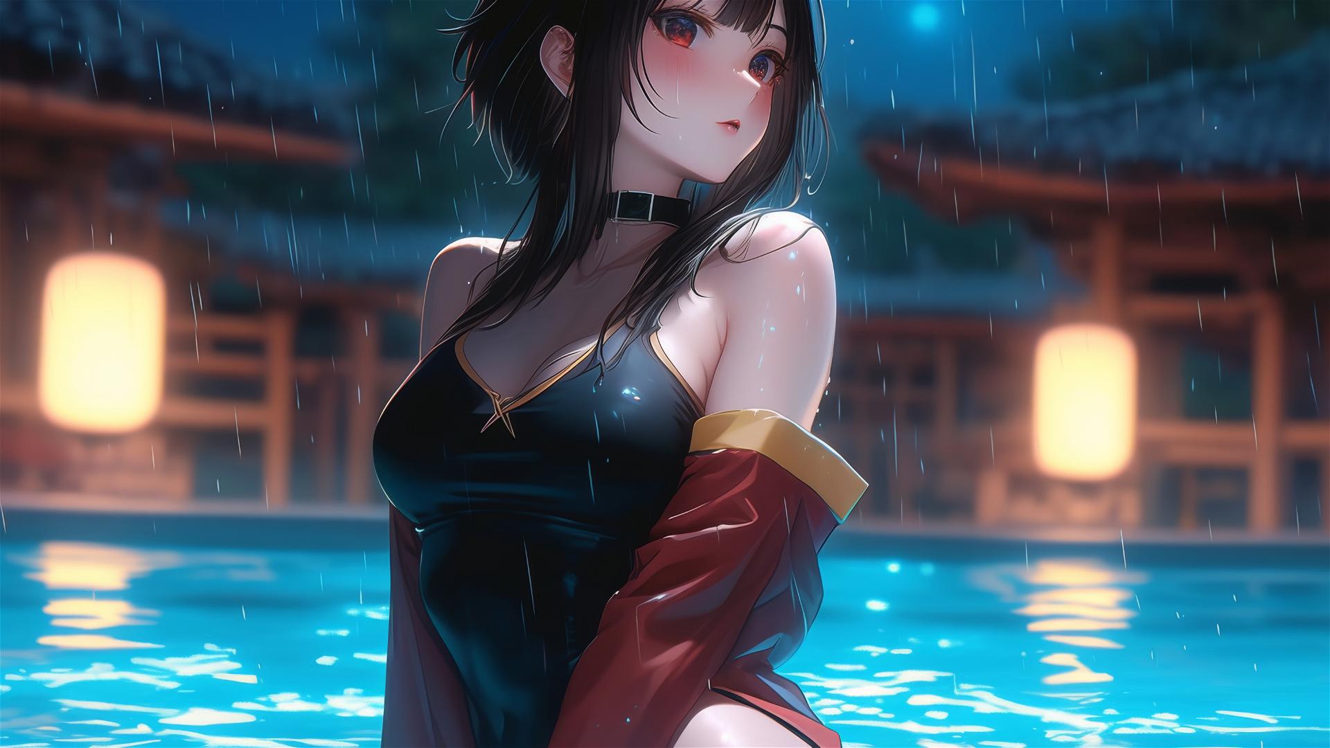 Megumin from KonoSuba standing in pool under moon glow, rainy scene